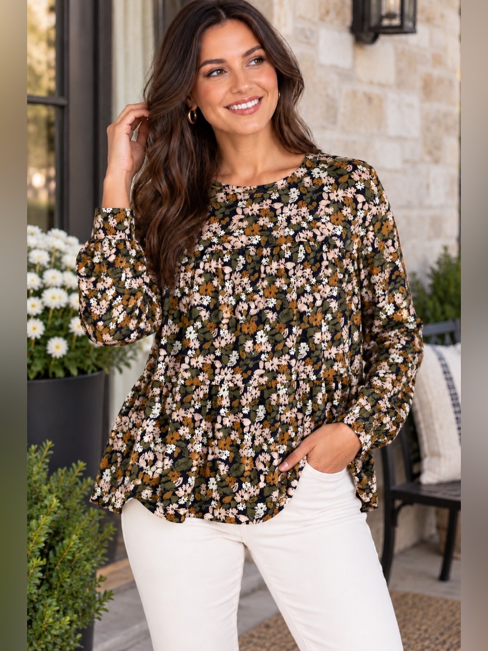 Sonoma Olive Multi Floral Tiered Long-Sleeve Tunic- perfect for the fall 🍁